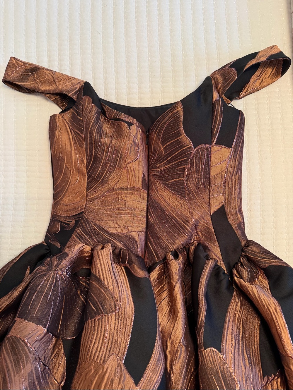 Off-Shoulder Black and Rose Gold Floral Midi Dress - Picture 6 of 8